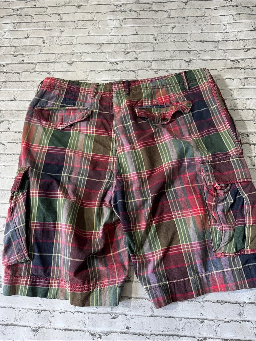 VINTAGE Polo Ralph Lauren mens 36 colorful plaid drill khaki cargo shorts EUC